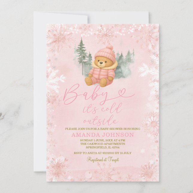 Invitation Pink Winter Girl Bear Baby Il fait froid dehors (Devant)