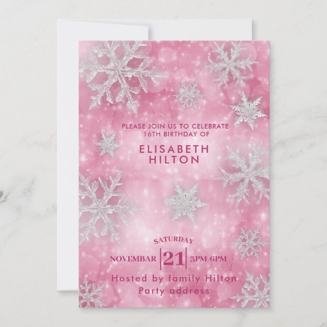 Invitation Pink Winter merveilleland snowflakes robe doux 16 (Devant)