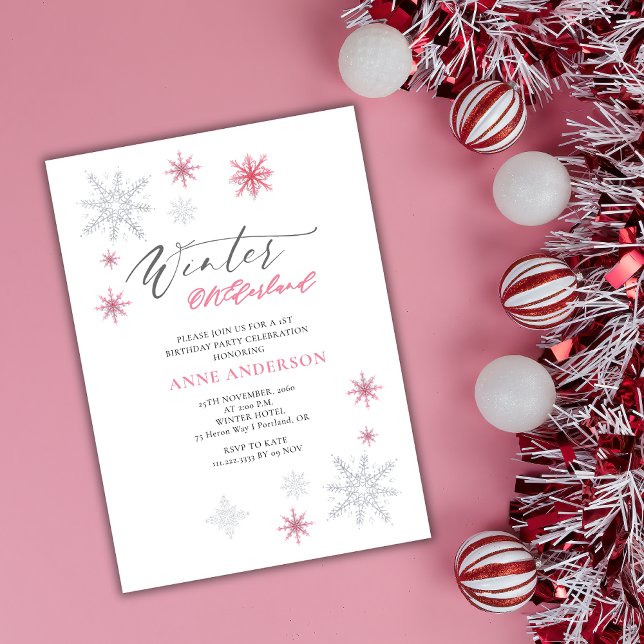 Invitation Pink Winter Onederland Flocons de Neige 1er Annive (Créateur téléchargé)