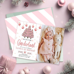 Invitation Pink Winter Onederland Noël Arbres Anniversaire