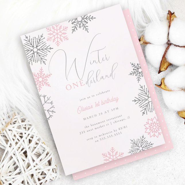 Invitation Pink Winter Onederland Parties scintillant d'argen (Créateur téléchargé)