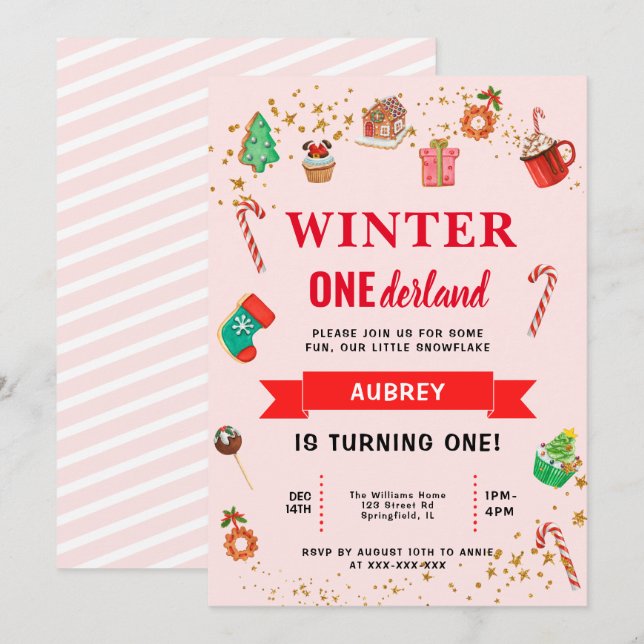 Invitation Pink Winter Onederland Premier anniversaire (Devant / Derrière)