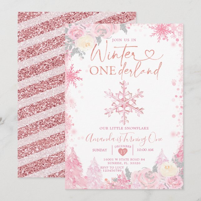 Invitation Pink Winter Onederland Snowflake 1er anniversaire (Devant / Derrière)