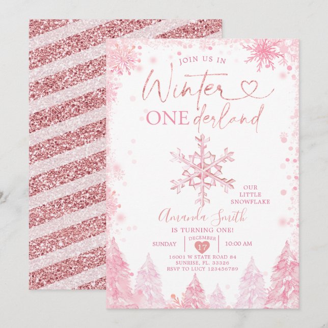 Invitation Pink Winter Onederland Snowflake 1er anniversaire (Devant / Derrière)