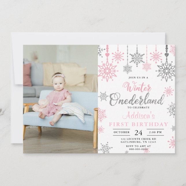 Invitation Pink Winter Onederland Snowflake Anniversaire Phot (Devant)