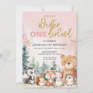 Invitation Pink Winter Onederland Woodland 1er anniversaire