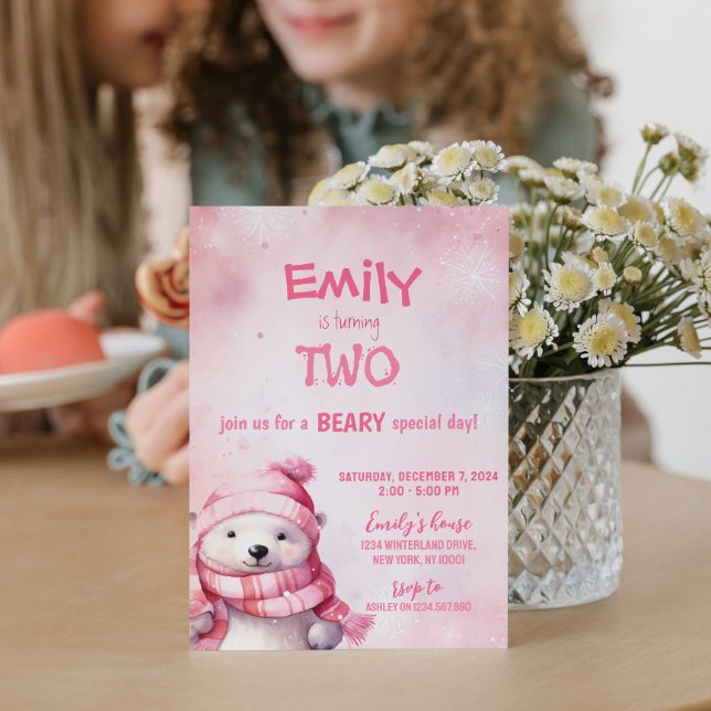 Invitation Pink Winter Polar Ours Snowflakes fête d'anniversa (Créateur téléchargé)