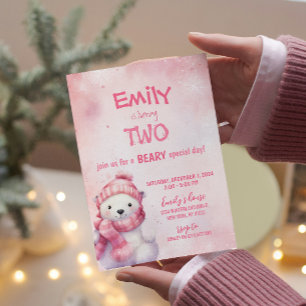 Invitation Pink Winter Polar Ours Snowflakes fête d'anniversa