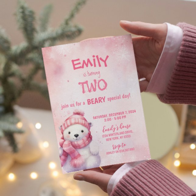 Invitation Pink Winter Polar Ours Snowflakes fête d'anniversa (Créateur téléchargé)