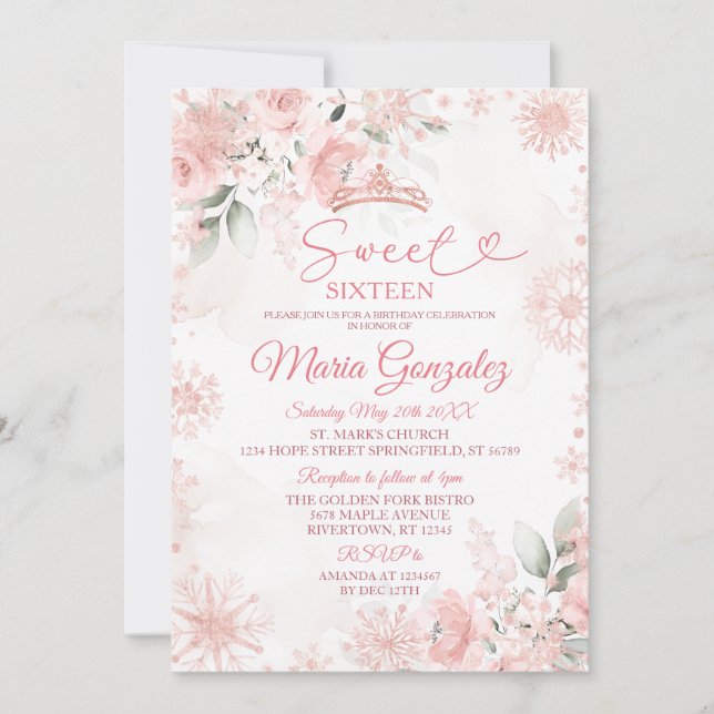 Invitation Pink Winter Rose Gold Floral Sweet 16 Anniversaire (Devant)