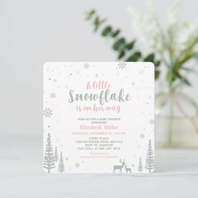 Invitation Pink Winter Wonderland, Baby shower fille (Debout devant)
