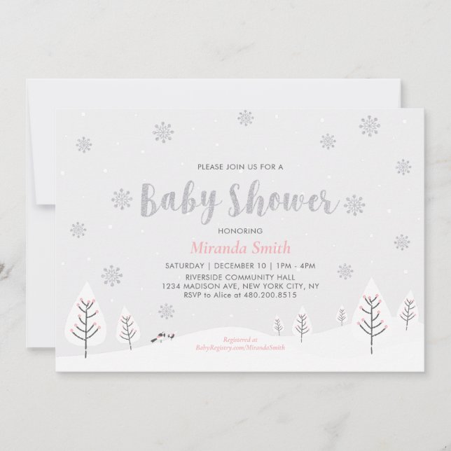 Invitation Pink Winter Wonderland, Fille Baby shower saupoudr (Devant)