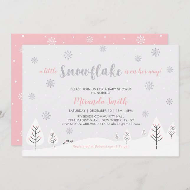 Invitation Pink Winter Wonderland, Fille Baby shower/Saupoudr (Devant / Derrière)