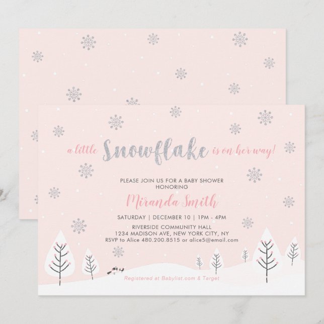 Invitation Pink Winter Wonderland, Fille Baby shower/Saupoudr (Devant / Derrière)