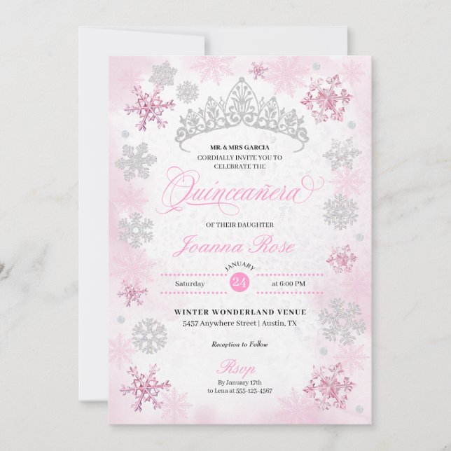 Invitation Pink Winter Wonderland Snowflake Quinceanera (Devant)