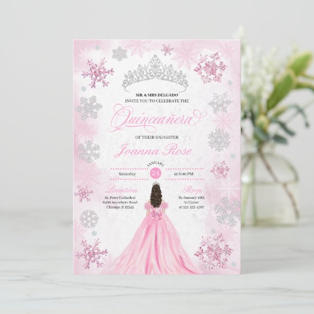 Invitation Pink Winter Wonderland Snowflake Quinceanera (Debout devant)