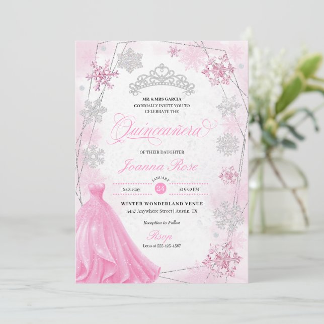 Invitation Pink Winter Wonderland Snowflake Quinceanera (Debout devant)