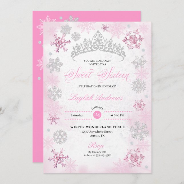 Invitation Pink Winter Wonderland Snowflake Sweet 16 (Devant / Derrière)