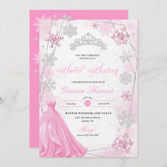 Invitation Pink Winter Wonderland Snowflake Sweet 16 (Devant / Derrière)