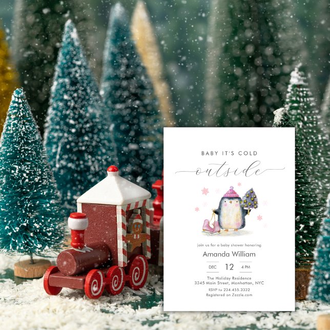 Invitation Pink Winter Woodland Penguin Baby Shower (Pink Winter Woodland Penguin Baby Shower Invitation)