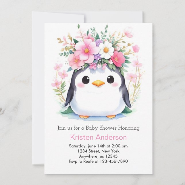 Invitation Pink Wonderland Penguin's Joy Girl Baby shower (Devant)
