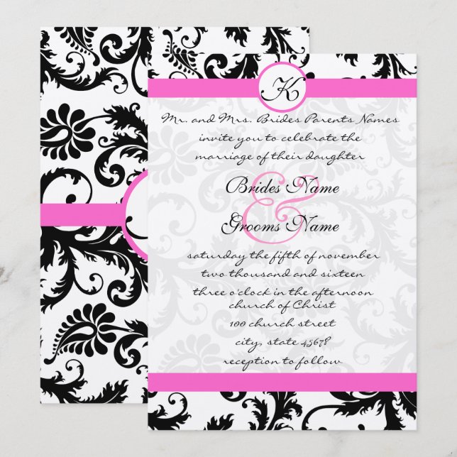 Invitation Pink Yarrow et Black Mariage damassé (Devant / Derrière)