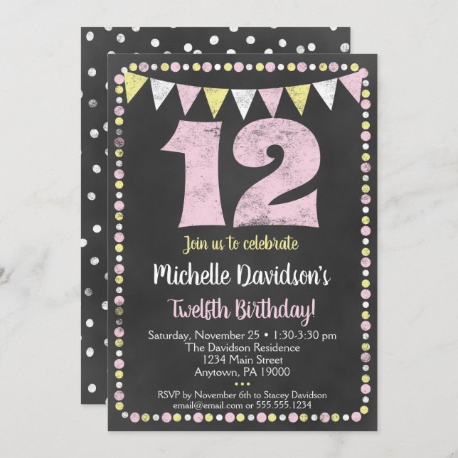 Invitation Pink Yellow Chalkboard 12ème anniversaire Invitati (Devant / Derrière)