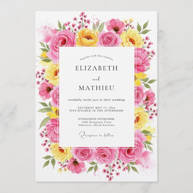 Invitation Pink Yellow Floral Whimsy Wedding (Devant)