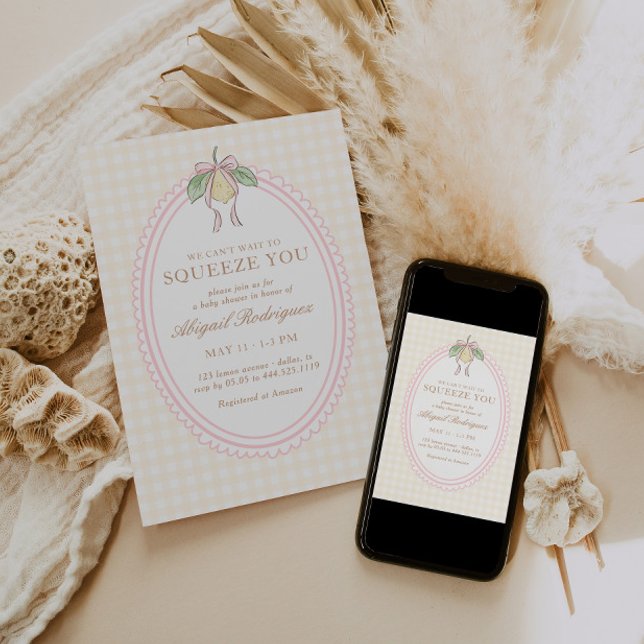 Invitation Pink & Yellow Lemon Bow Baby Shower (Créateur téléchargé)