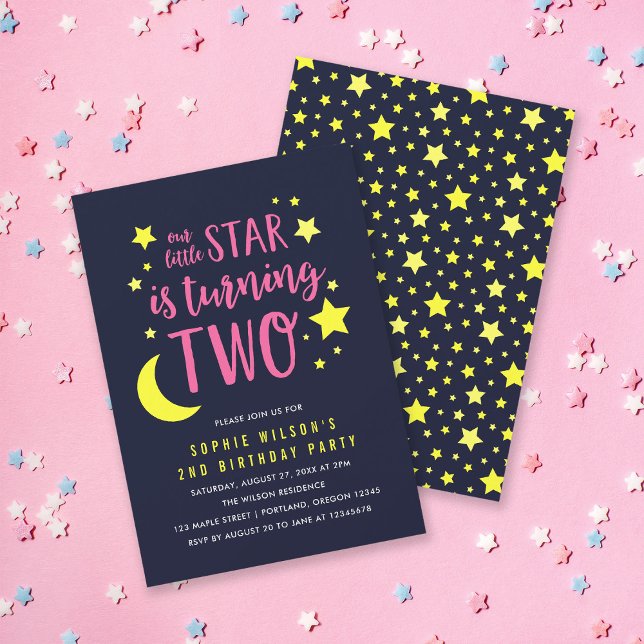 Invitation Pink Yellow Moon and Stars 2e anniversaire Invitat (Créateur téléchargé)
