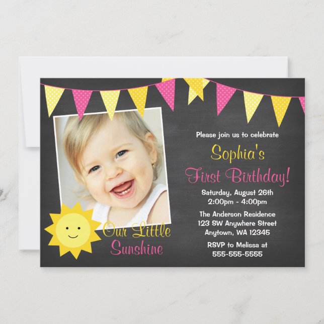 Invitation Pink Yellow Sunshine Chalkboard Photo Anniversaire (Devant)