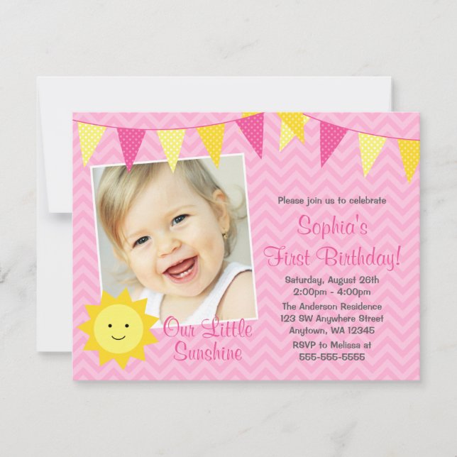 Invitation Pink Yellow Sunshine Photo Anniversaire (Devant)