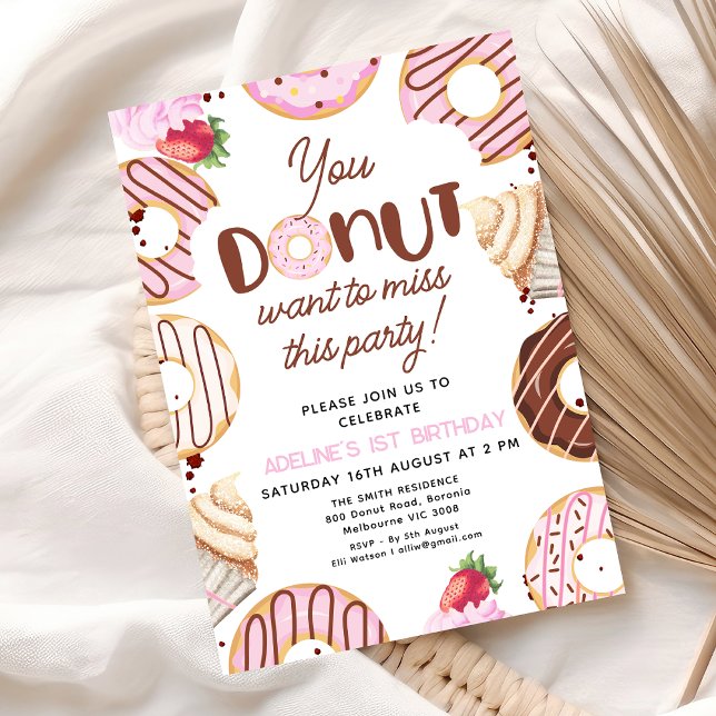 Invitation Pink You Donut veut rater cet anniversaire de fête (You Donut Want To Miss This Party Birthday Invitation Donuts themed Girls Birthday Party Invite)