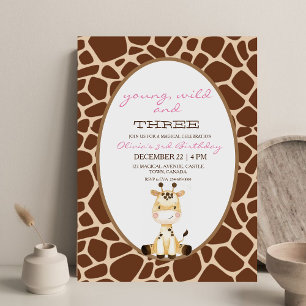 Invitation Pink Young Wild et Three Giraffe fête d'anniversai