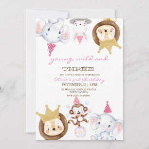 Invitation Pink Young Wild et Trois Animaux Anniversaire