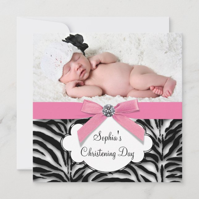 Invitation Pink Zebra Baby Girl Photo Christening (Devant)