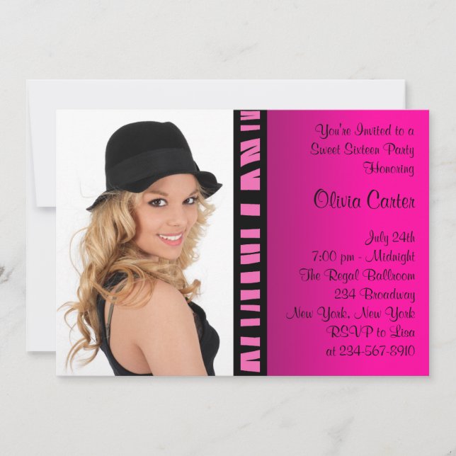 Invitation Pink Zebra Photo Sweet sixteen fête d'anniversaire (Devant)