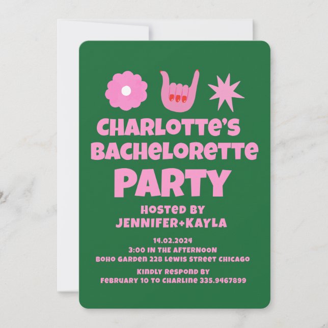 Invitation PinkGreen Handwriting Retro Bachelorette Party (Devant)