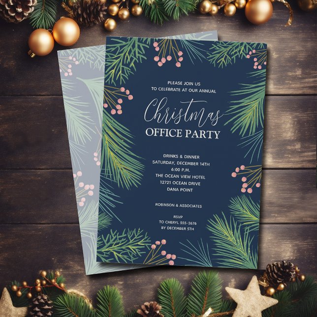 Invitation Pins chics et baies fête de Noël (Chic pine branches and berries Christmas party invitations)
