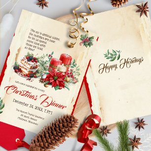 Invitation Pins d'aquarelle vintage Rouge Poinsettie Noël