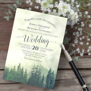 Invitation Pins de montagne Foggy Green Rustique Mariage exté