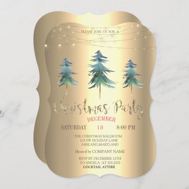Invitation Pins de Noël, Gold Christmas Company Party (Devant / Derrière)