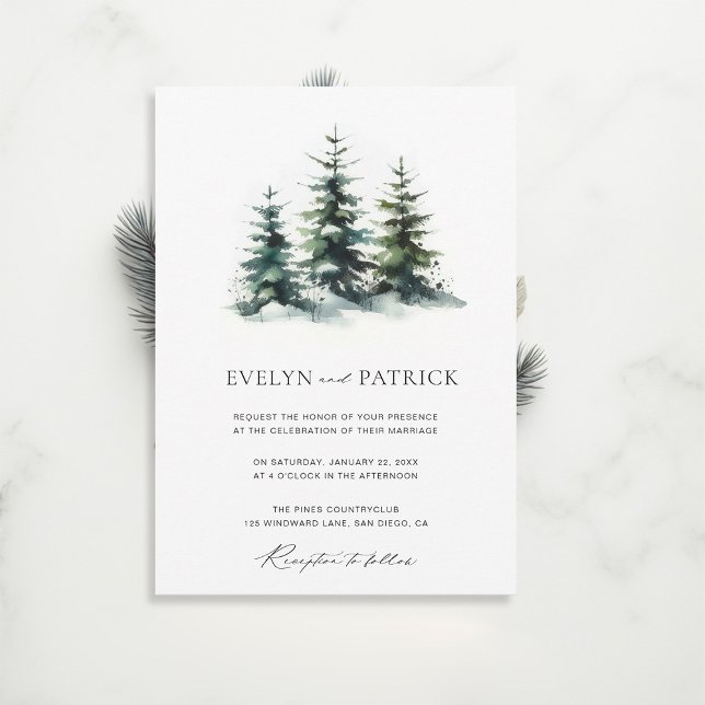 Invitation Pins d'hiver Élégant minimaliste moderne Mariage (winter wedding invitation christmas botanical modern sleek pine tree elegant contemporary)
