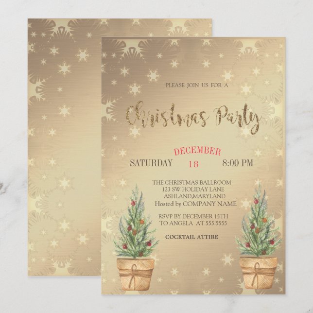 Invitation Pins dorés, Soirée de Noël (Devant / Derrière)