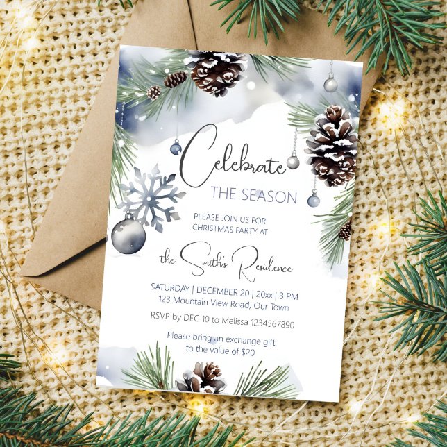 Invitation Pins enneigés à la fête de Noël (Celebrate the season Christmas dinner party editable template invitation digital download watercolor)