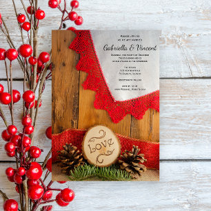 Invitation Pins rustiques et dentelle rouge Mariage d'hiver