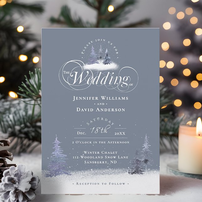 Invitation Pins verts élégants Écriture Mariage d'hiver (Evergreen Pine Trees Elegant Script Winter Wedding Invitation)