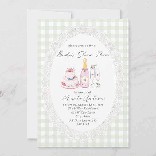Invitation Pique-nique à l'aquarelle dentelle vert gingham ro (Devant)