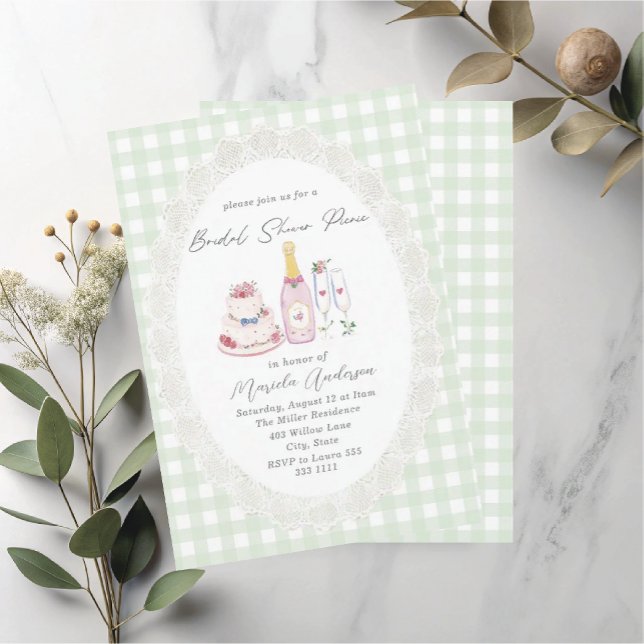 Invitation Pique-nique à l'aquarelle en dentelle vert gingemb (Créateur téléchargé)