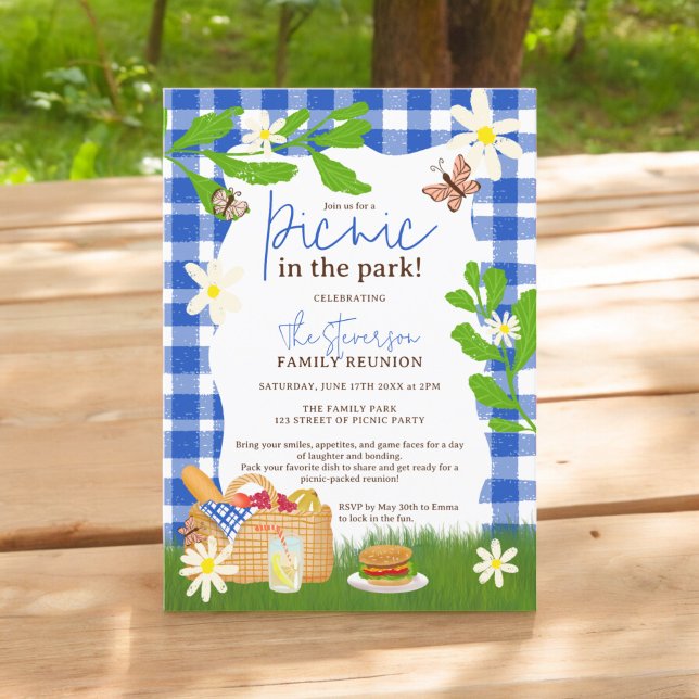 Invitation Pique-nique amusant d'été bleu dans le parc réunio (Summer blue cool Fun Picnic in the park family reunion Invitation)